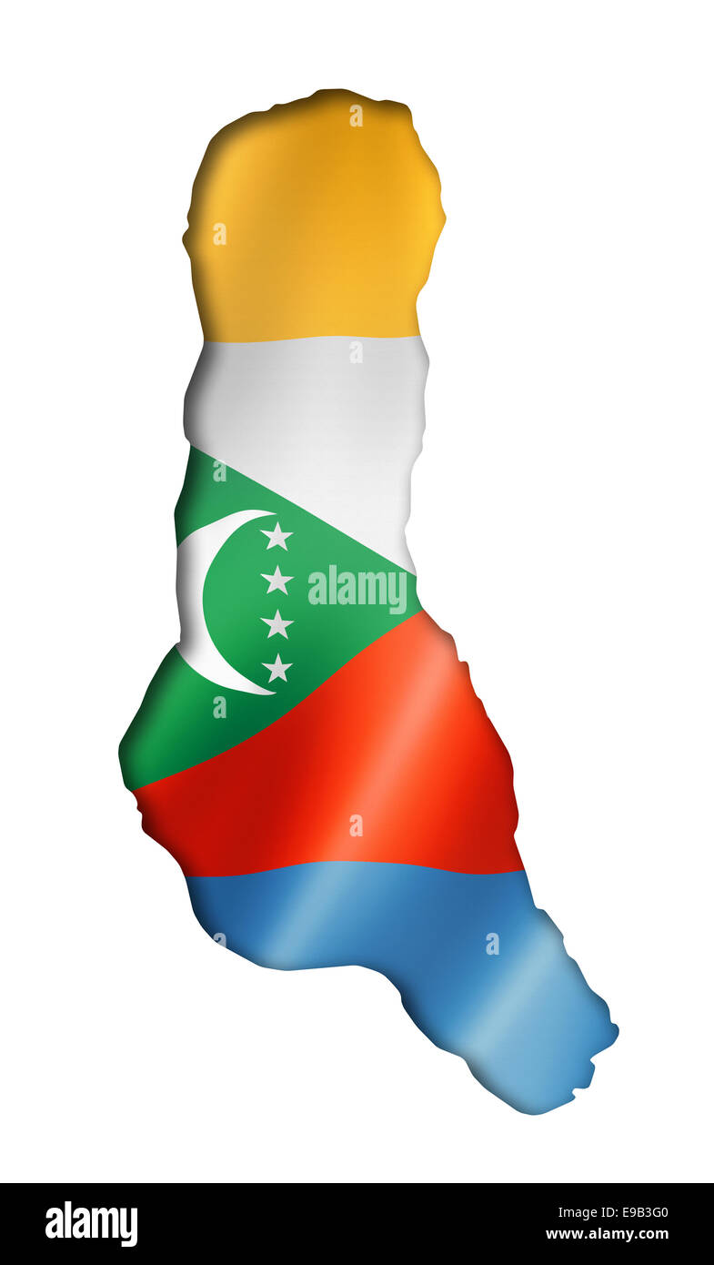 Drapeau Comores carte tridimensionnelle, render, isolated on white Banque D'Images