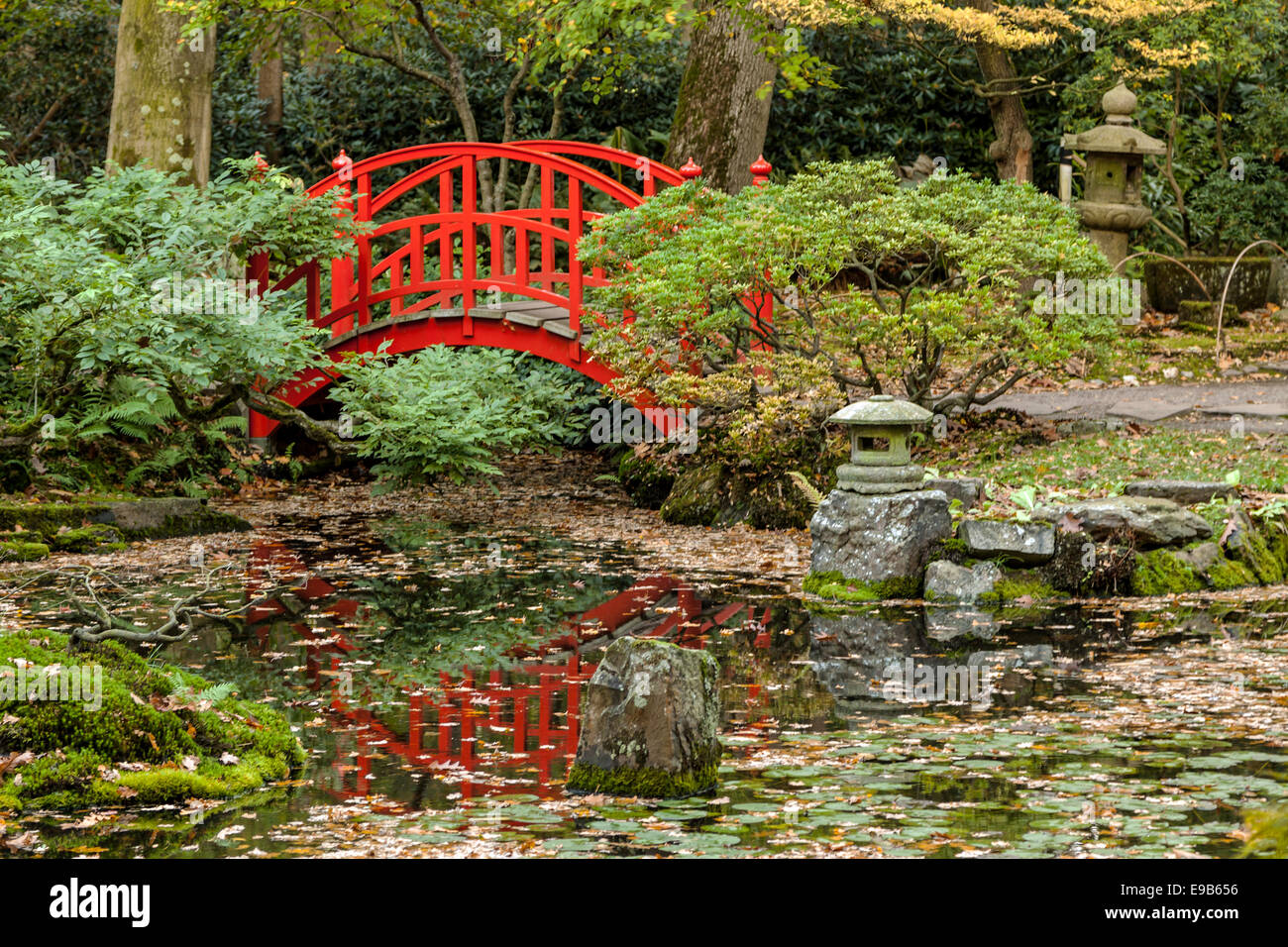 Pont Rouge reflets dans le jardin japonais du parc Clingendael, La Haye, Hollande méridionale, Pays-Bas. Banque D'Images