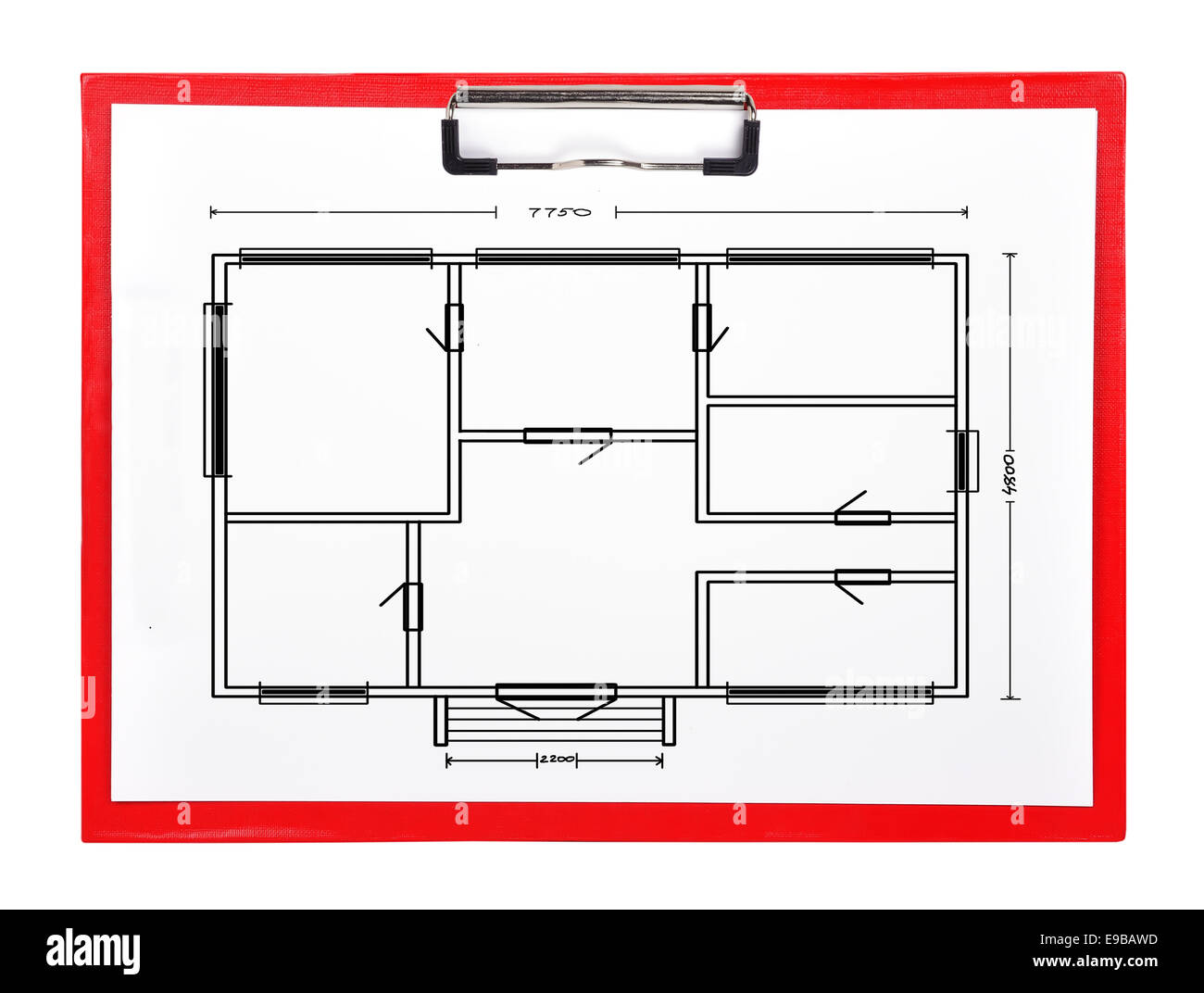 Presse-papiers rouge en plastique avec dessin plan appartement Banque D'Images