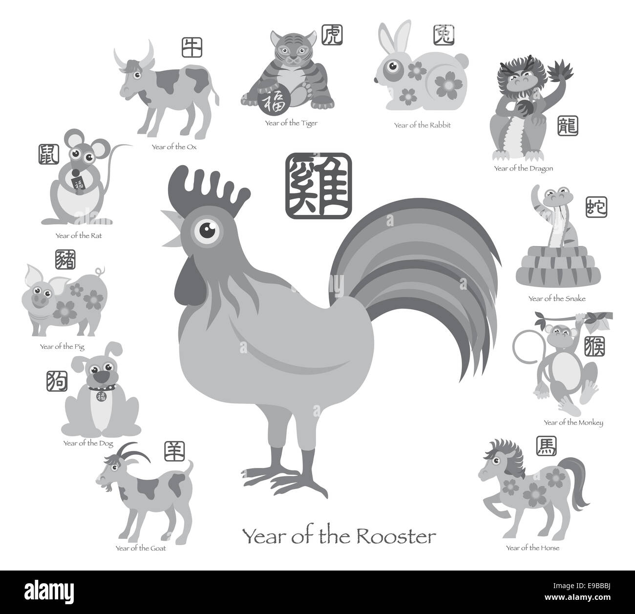 Le Nouvel An chinois du coq avec douze zodiaques avec symbole chinois pour Rat Ox Tiger Lapin Dragon Serpent CHEVAL CHÈVRE Singe R Banque D'Images