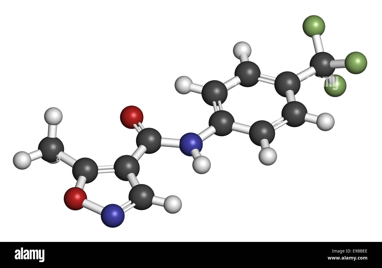 L'arthrite rhumatoïde léflunomide molécule pharmaceutique. Les atomes sont représentés comme des sphères classiques avec codage couleur : blanc (l'hydrogène Banque D'Images