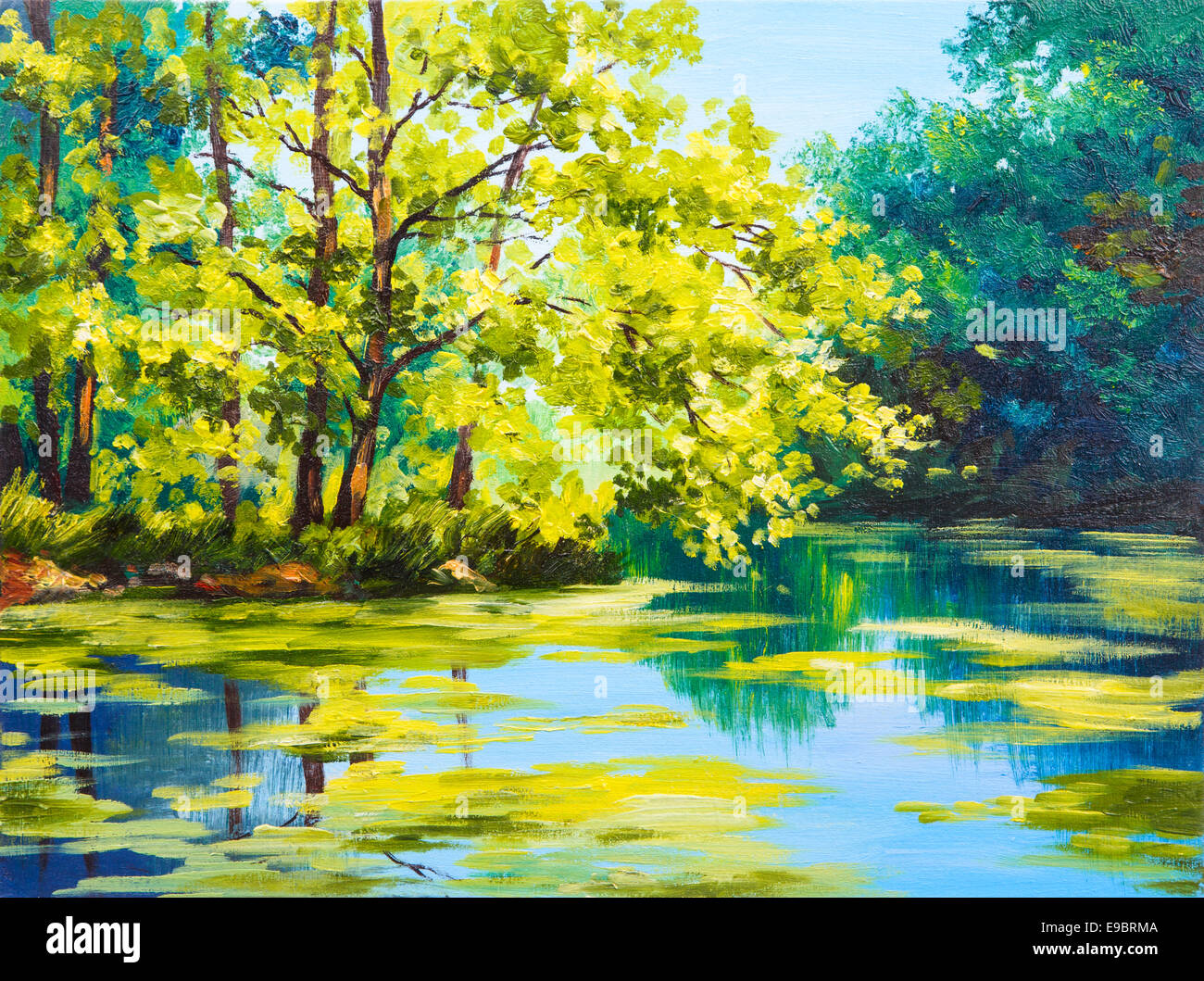 Peinture à l'huile paysage - lac de la forêt, journée d'été Banque D'Images