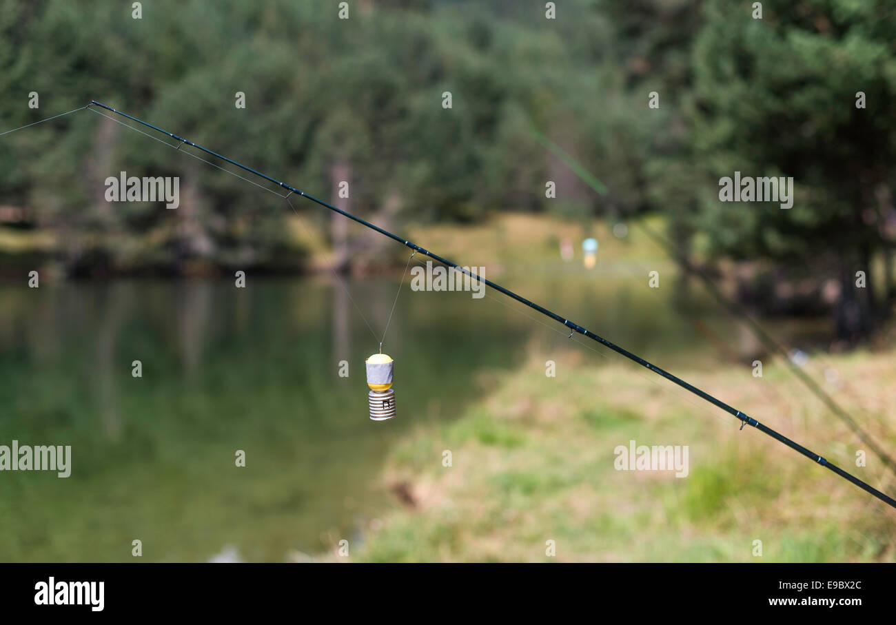 Des cannes à pêche sur un lac de montagne Banque D'Images