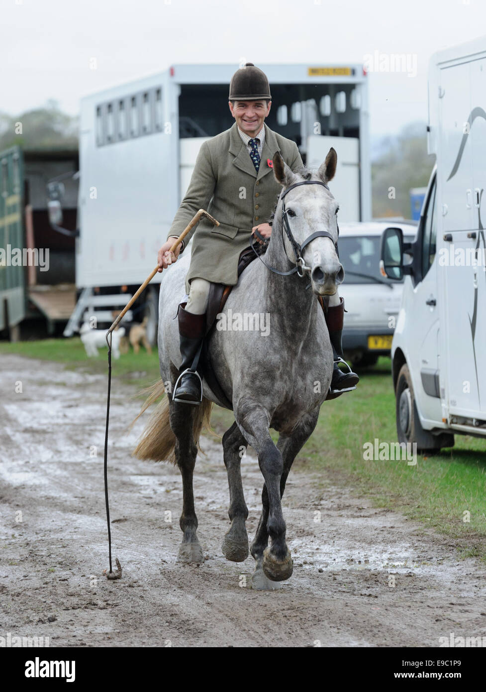 Le Leicestershire, UK. 24 octobre, 2014. Le sentier est mis en avant de la meute par couche sentier Bruce Langley-McKim - Quorn Ouverture chasse réunit à la cage. Credit : Nico Morgan/Alamy Live News Banque D'Images