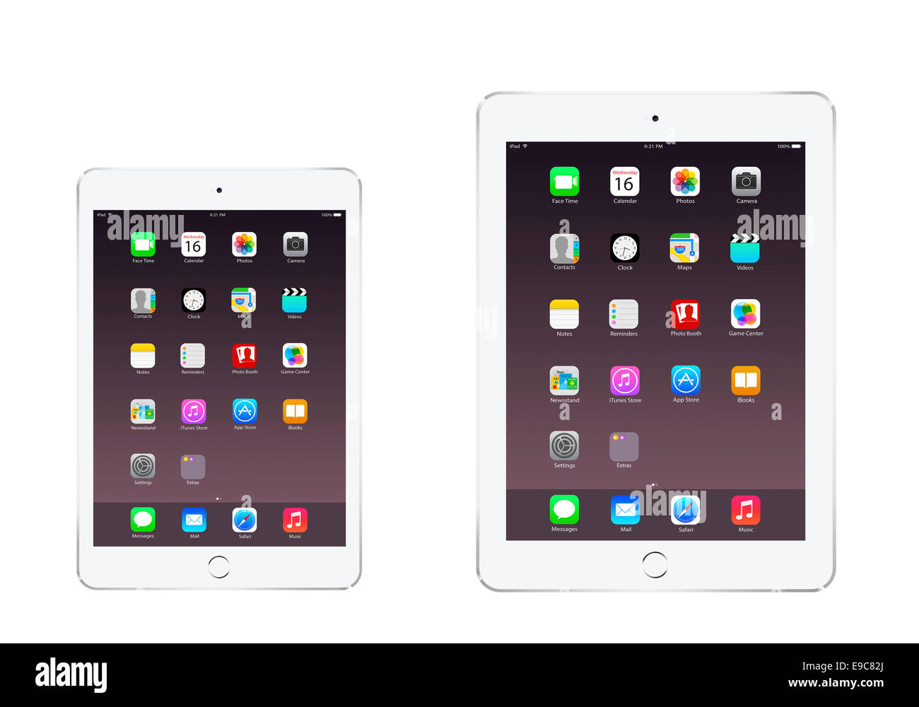 Tablettes iPad mini iPad air 3 2 argent avec des applications, des créations numériques. Banque D'Images