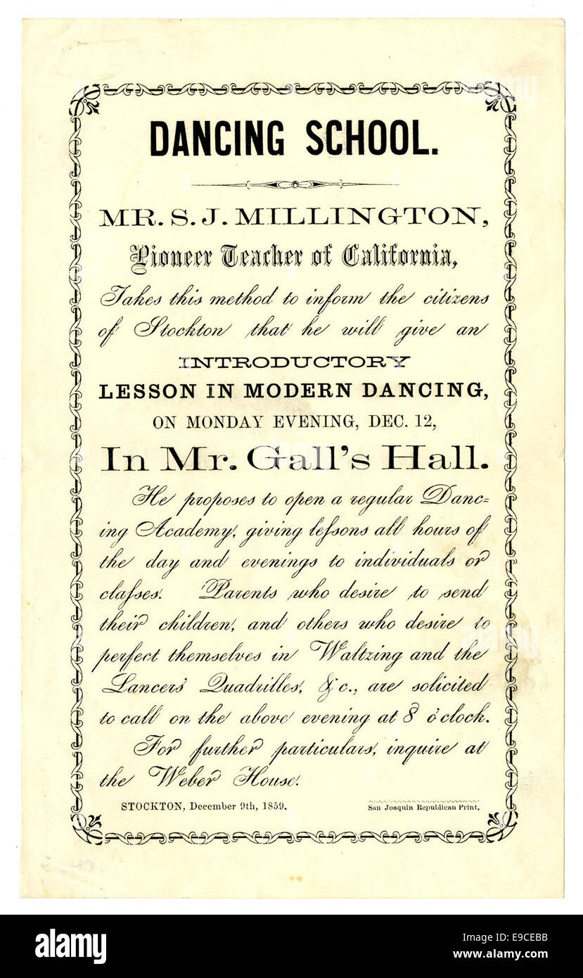 Une photographie du début du XXe siècle montrant Mr. S.J. Millington, un professeur pionnier de danse en Californie, enseignant une classe au Mr. Gall’s Hall. Cette image capture les premiers jours de l'éducation formelle à la danse en Californie. Banque D'Images