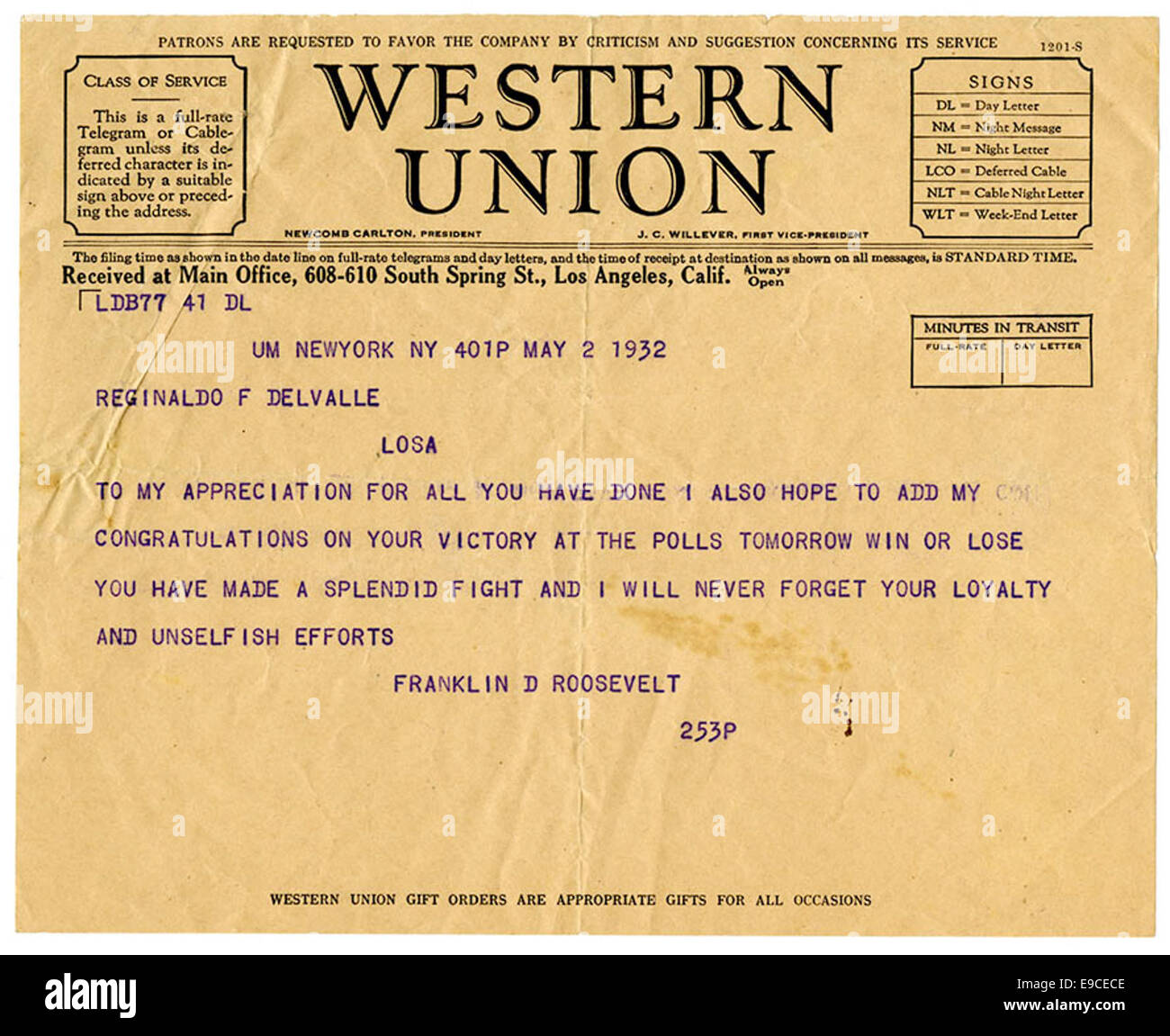 Franklin D. Roosevelt télégramme à Reginaldo del Valle Banque D'Images
