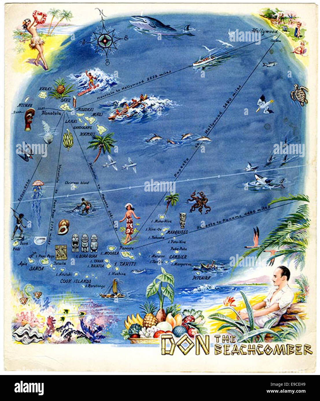 Image de couverture du menu de Don The Beachcomber, un célèbre bar et restaurant hollywoodien tiki, connu pour ses cocktails tropicaux et son décor d'inspiration polynésienne. Banque D'Images