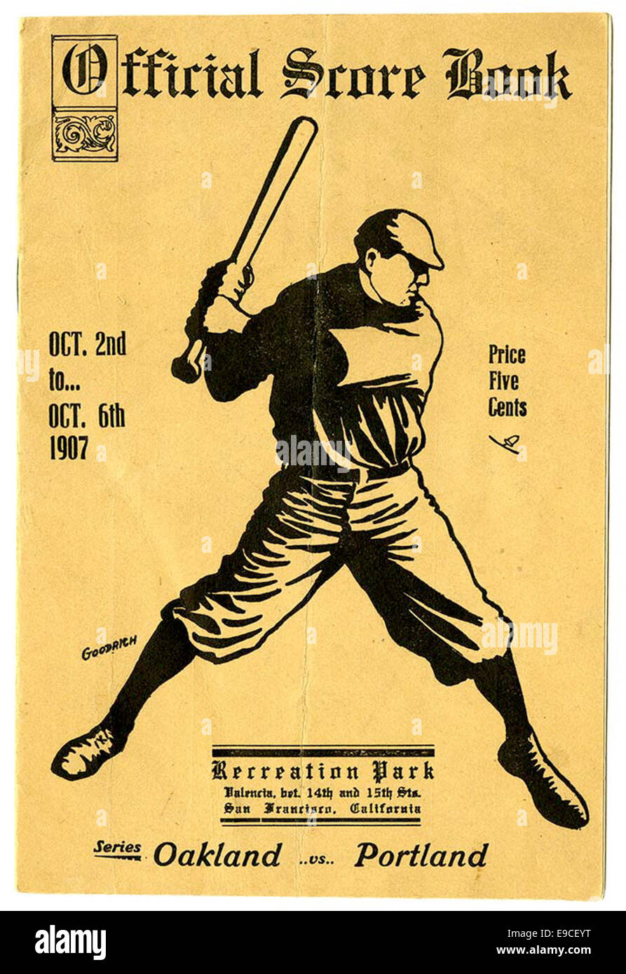 Cette image de couverture montre le scorebook officiel d'un événement sportif entre Oakland et Portland au Recreation Park. Le scorebook est un document historique du jeu, reflétant la culture sportive au cours de la période. Banque D'Images
