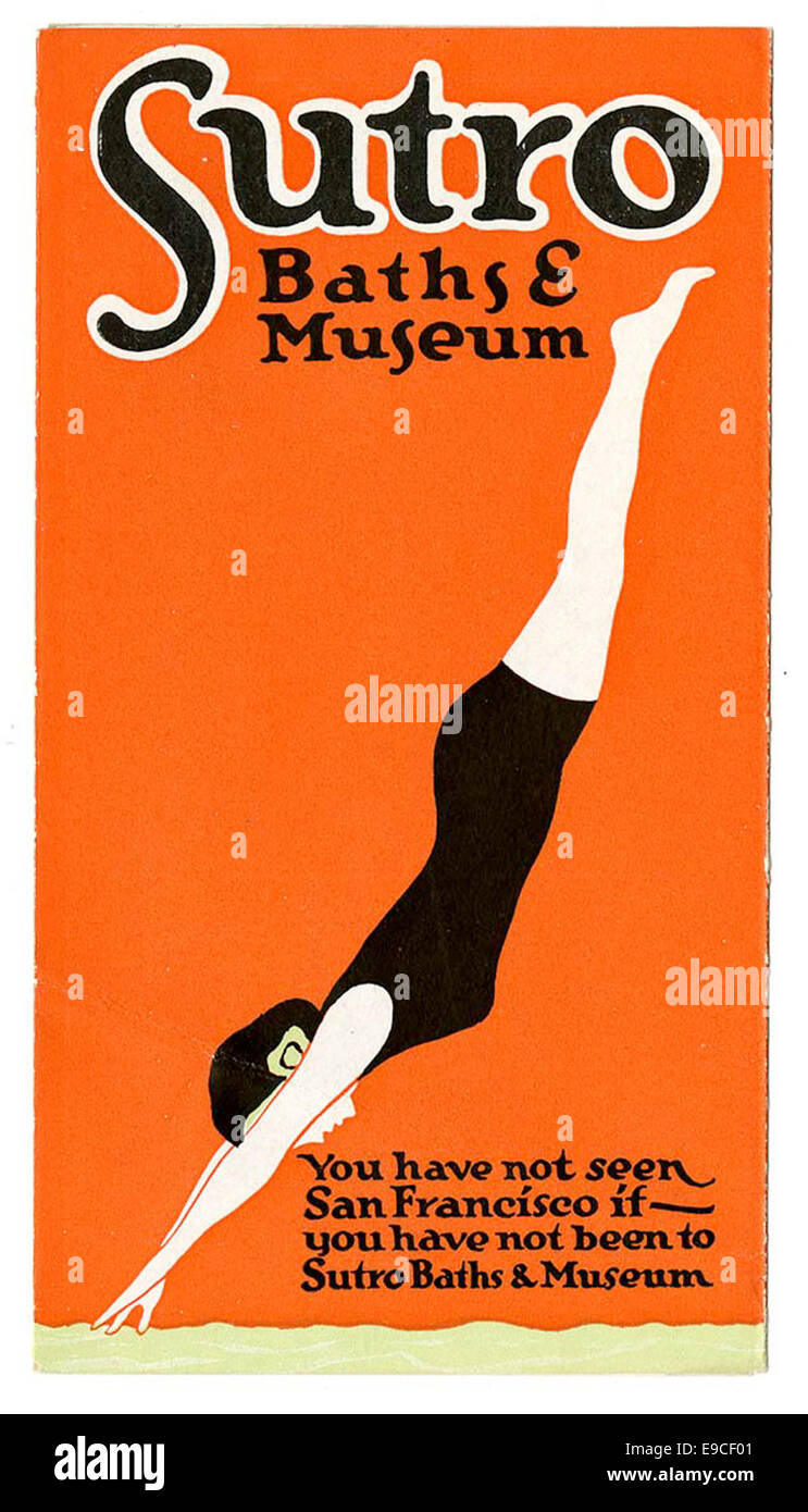 Couverture d'un pamphlet pour Sutro Baths & Museum, représentant l'emblématique bain et musée situé à San Francisco. L'image met en évidence les caractéristiques architecturales des bains et le paysage environnant. Banque D'Images