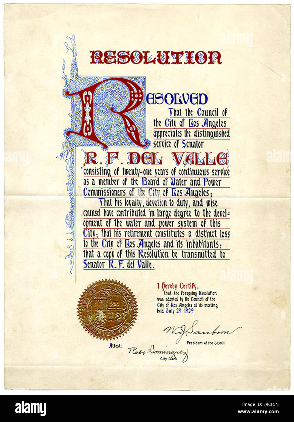 Résolution. Résolu que le Conseil de la ville de Los Angeles apprécie le prix de service du sénateur R. F. del Valle... Banque D'Images