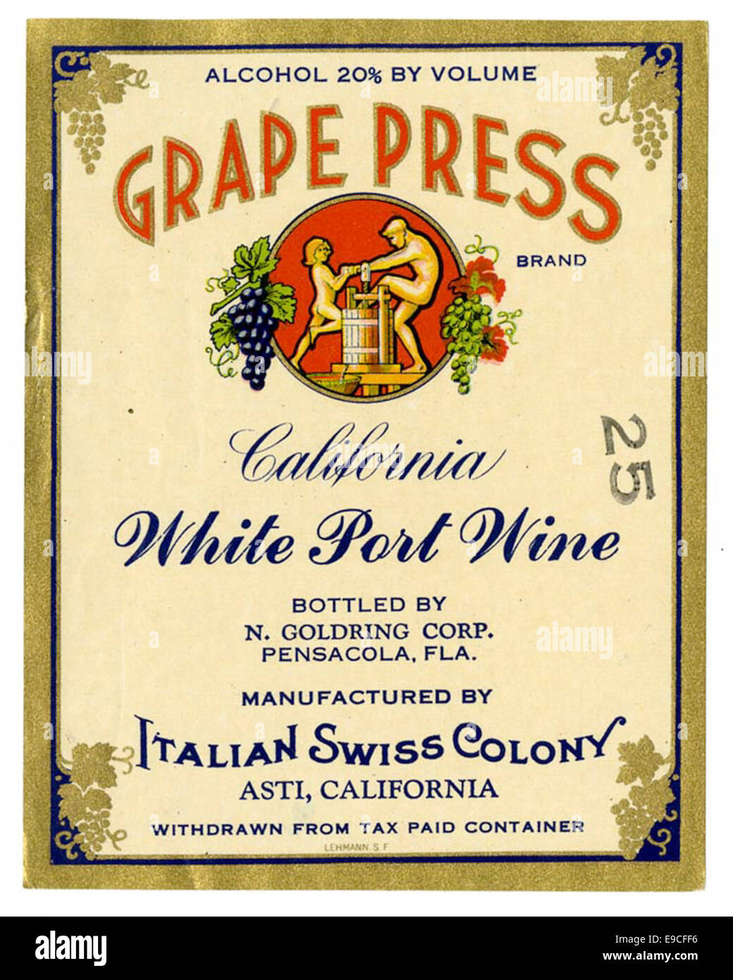 Étiquette de vin italien, colonie suisse, appuyez sur raisin blanc Vin de Californie de marque Banque D'Images