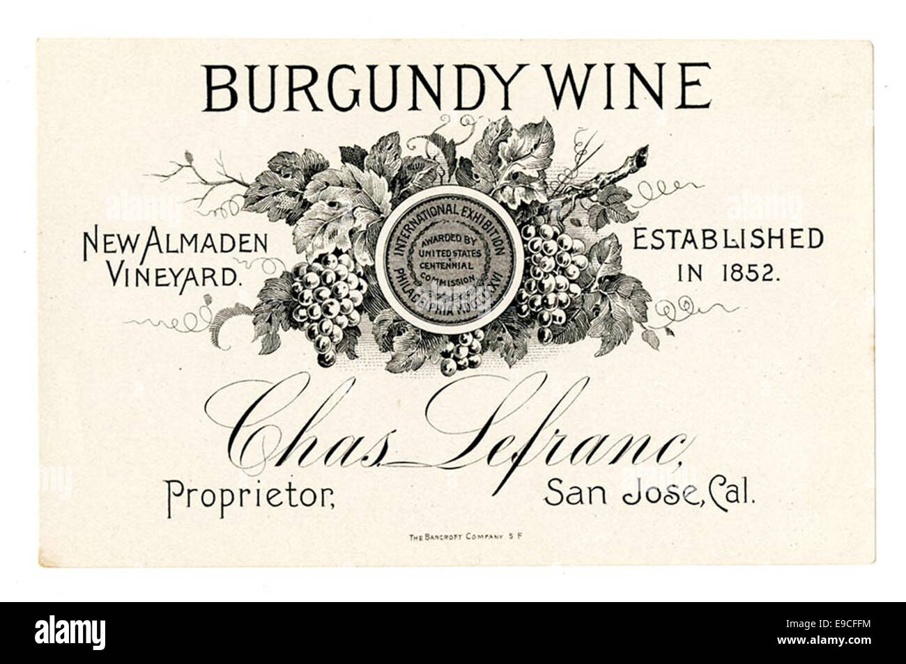 Étiquette de vin, de nouveaux vins de Bourgogne, vignoble d'Almaden Banque D'Images