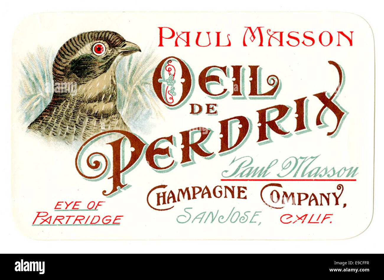 Étiquette de vin, Paul Masson Société Champagne, Oeil de Perdrix Banque D'Images