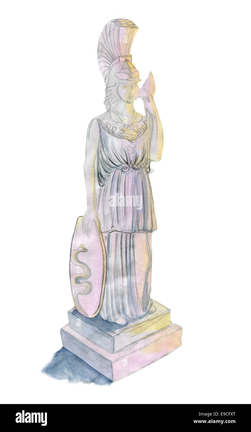 Pallas Athena, une aquarelle originale de croquis. Banque D'Images