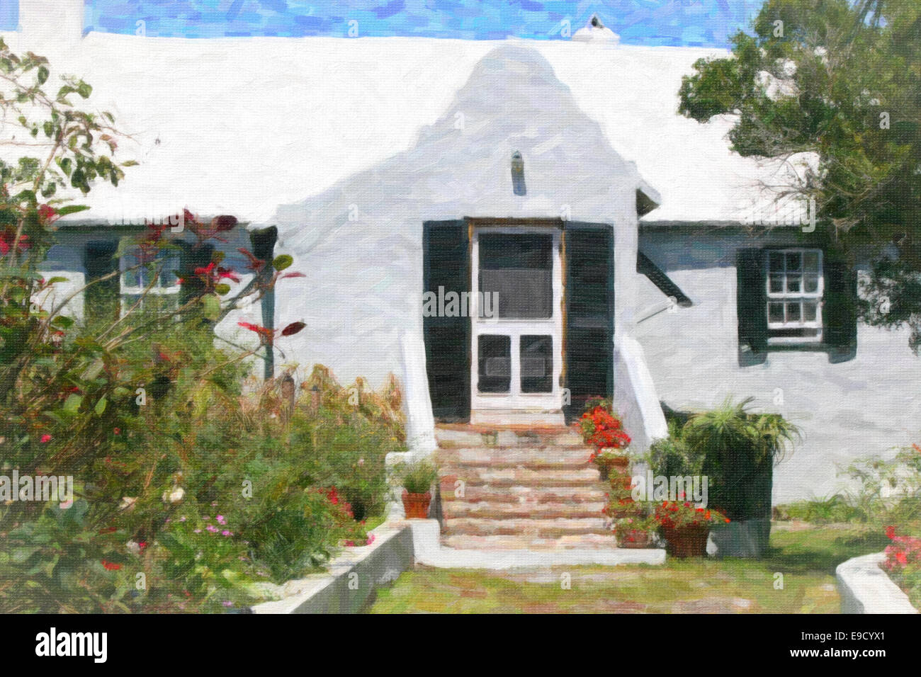 Peinture numérique d'une très vieille maison avec des Bermudes un jardin sur le devant. Banque D'Images
