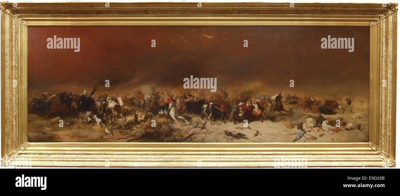 Peinture de William Strutt représentant les événements tragiques du jeudi noir, 1851, un feu de brousse dévastateur en Australie. L'œuvre d'art capture la destruction et l'héroïsme entourant ce désastre historique. Banque D'Images