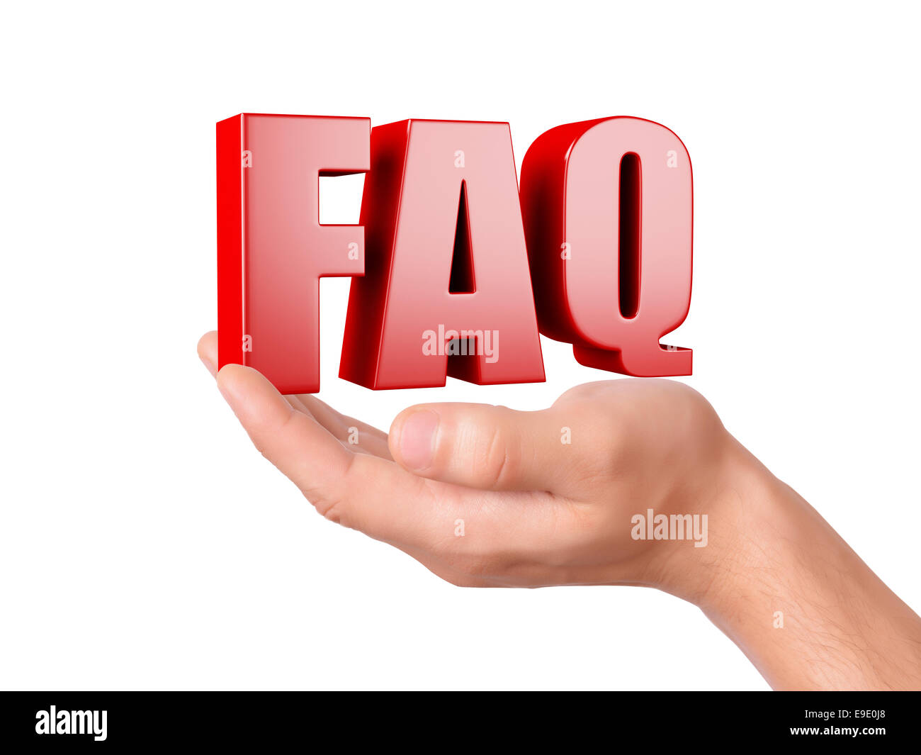 Image de la main qui tient la foire aux questions. FAQ concept. 3d illustration sur fond blanc Banque D'Images
