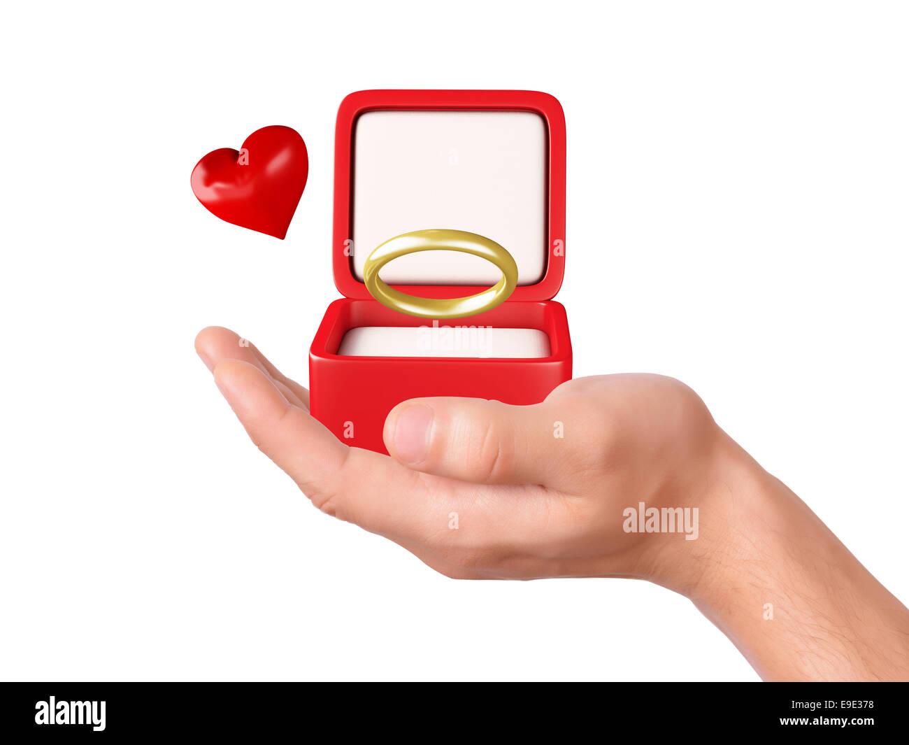 Image de la main de l'homme tenant une boîte-cadeau avec anneau de mariage sur fond blanc Banque D'Images