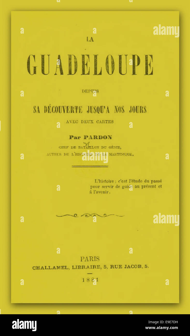 Une illustration ou carte de 1881 représentant la Guadeloupe, une île des Caraïbes, mettant en évidence son paysage et ses caractéristiques géographiques à l’époque. Banque D'Images