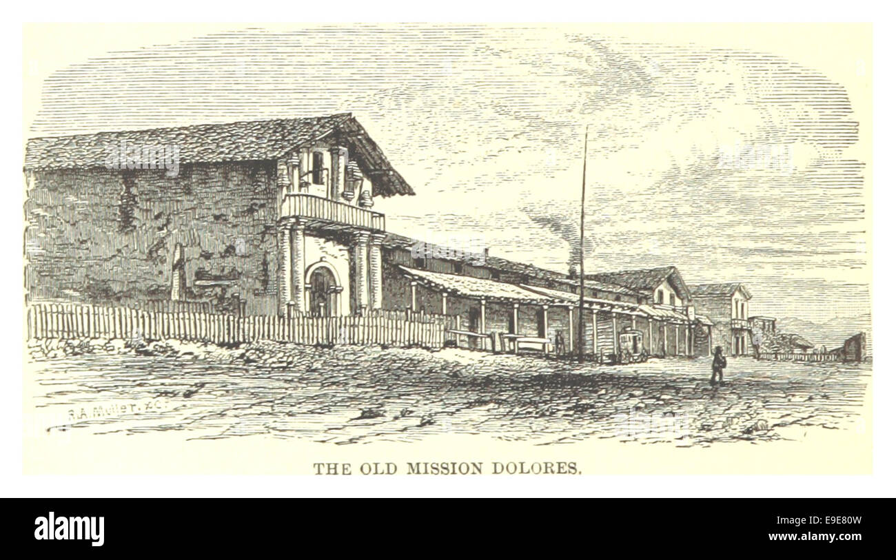 Une illustration de 1876 de Lloyd, représentant l'ancienne Mission Dolores, un site historique important de San Francisco lié à l'histoire coloniale de la Californie. Banque D'Images
