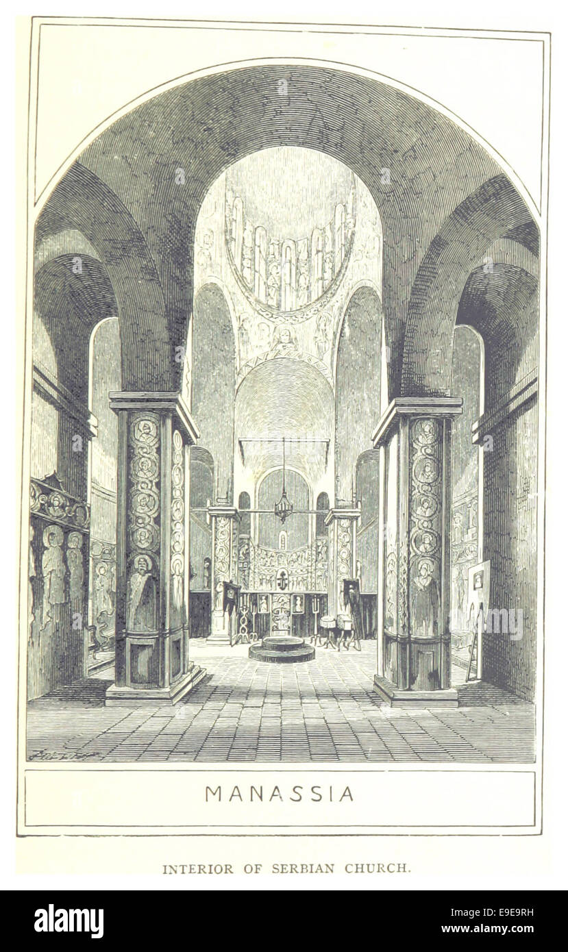 Ce croquis de Mackenzie, réalisé en 1877, illustre l'intérieur d'une église serbe à Manassia, en capturant ses éléments architecturaux et religieux. L'illustration met en évidence le design orné et l'environnement sacré de l'église. Banque D'Images