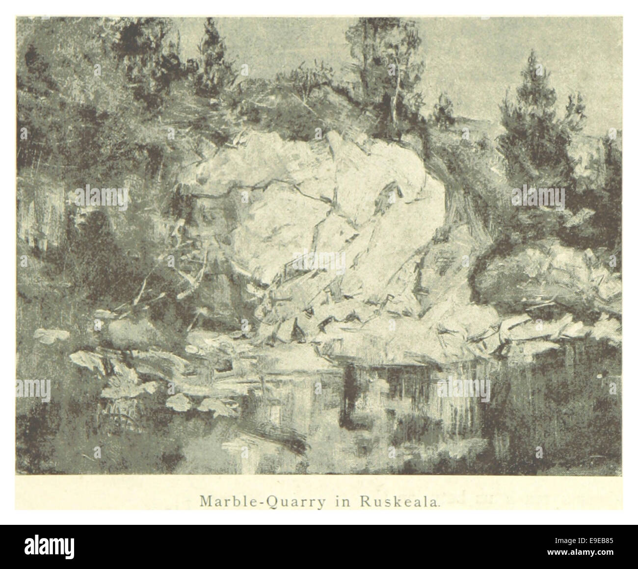 Cette illustration de 1894 par Mechelin met en valeur la carrière de marbre de Ruskeala, un site renommé en Finlande, connu pour son extraction de marbre de haute qualité et ses vues panoramiques à la fin du XIXe siècle. Banque D'Images