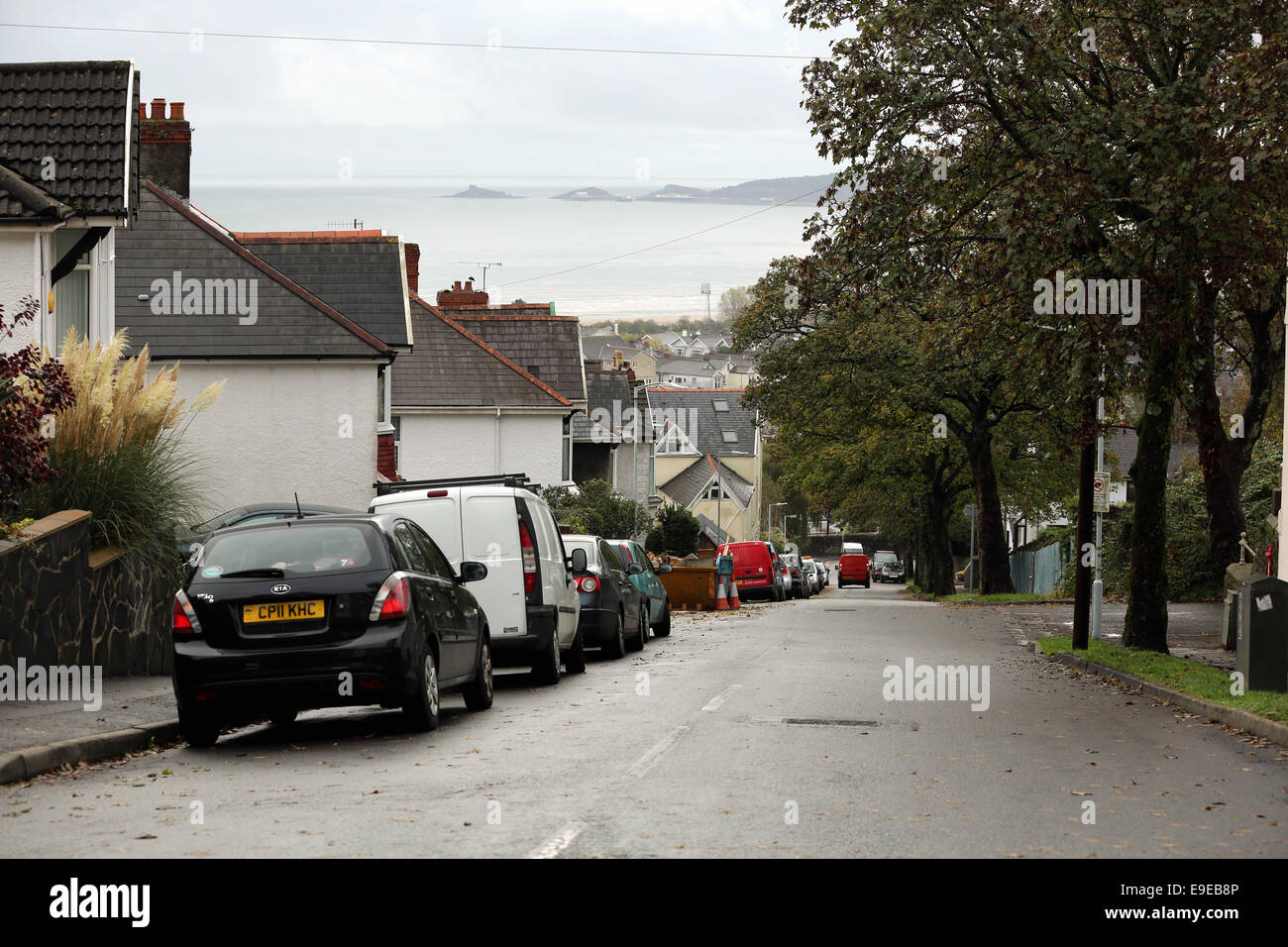 Swansea, Royaume-Uni. Vendredi 24 octobre 2014, entraînement Cwmdonkin Mumbles Swansea surplombant vers Re : Cette année marque le centenaire de la naissance de Dylan Thomas le 28 octobre 2014 avec des événements à la maison natale de l'auteur et poète Dylan Thomas, à 5 Cwmdonkin Drive, Swansea, Pays de Galles, Royaume-Uni. Credit : D Legakis/Alamy Live News Banque D'Images