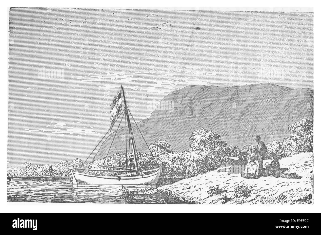 Cette illustration de Moreno de 1879 représente un camp dans les terres entourant le lac Argentino, offrant une vue sur le paysage argentin et la vie à l'époque. Banque D'Images