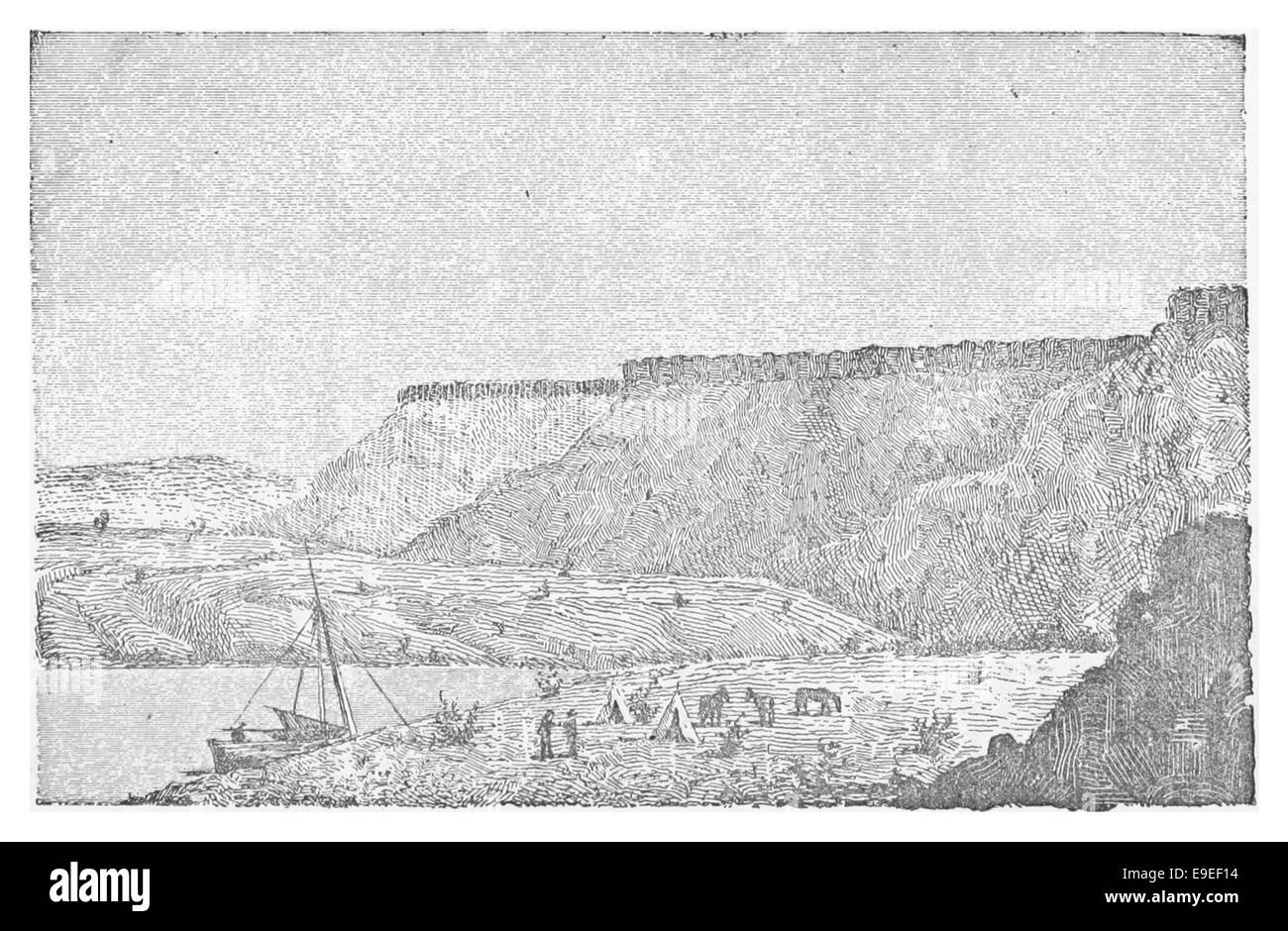 Cette illustration de Moreno de 1879 représente un camp dans les canyons basaltes de la rivière Santa Cruz en Argentine. La scène capture le paysage accidenté et l'exploration de la région à la fin du XIXe siècle. Banque D'Images