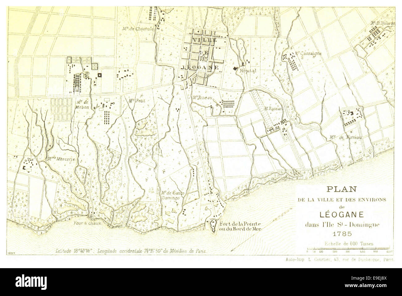 Une carte de 1785 montrant la ville et les environs de Léogane en Haïti, détaillant la topographie et le tracé de la région à la fin du XVIIIe siècle. Banque D'Images