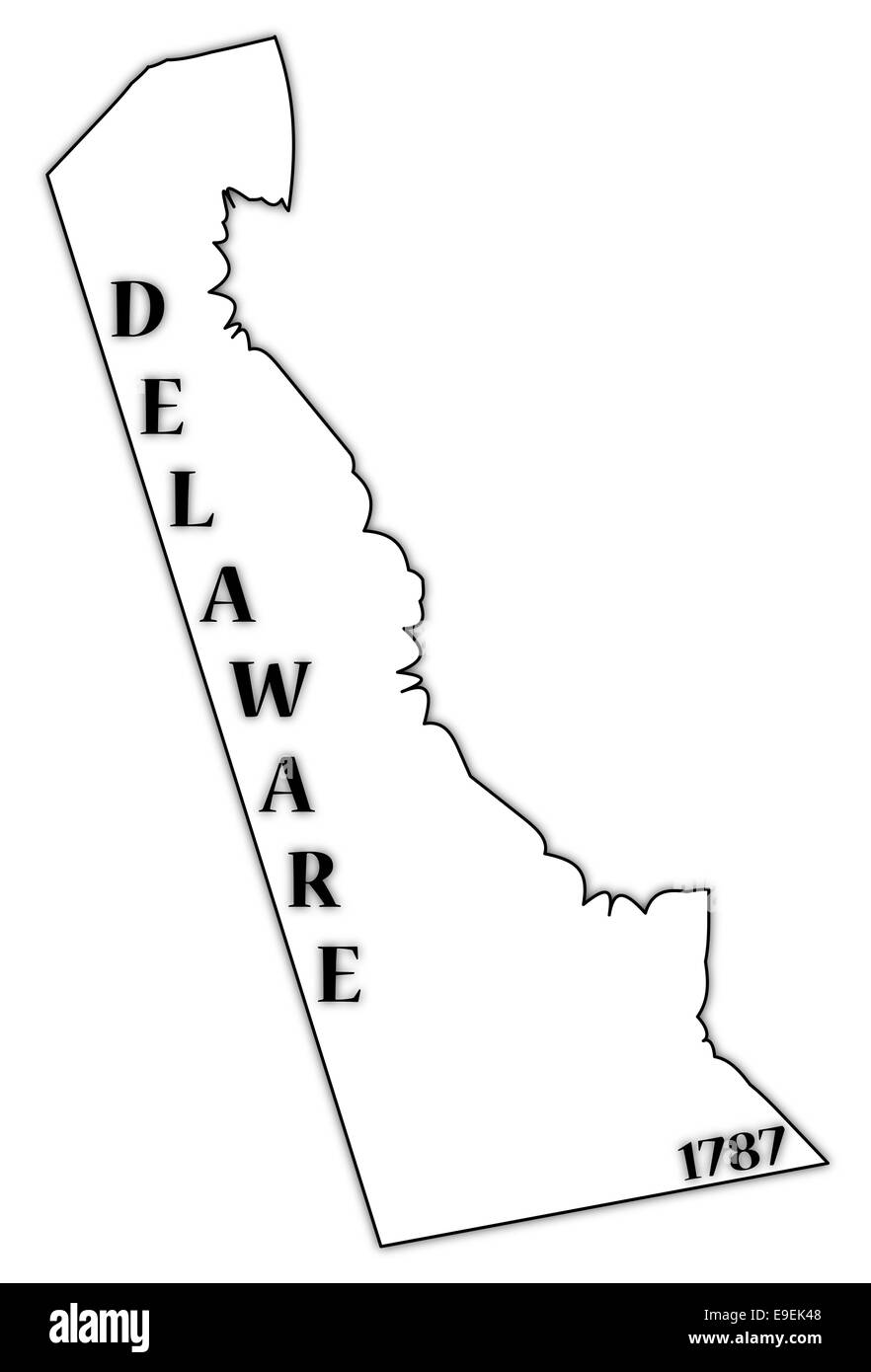Un plan d'État du Delaware avec la date de l'état isolé sur fond blanc Banque D'Images