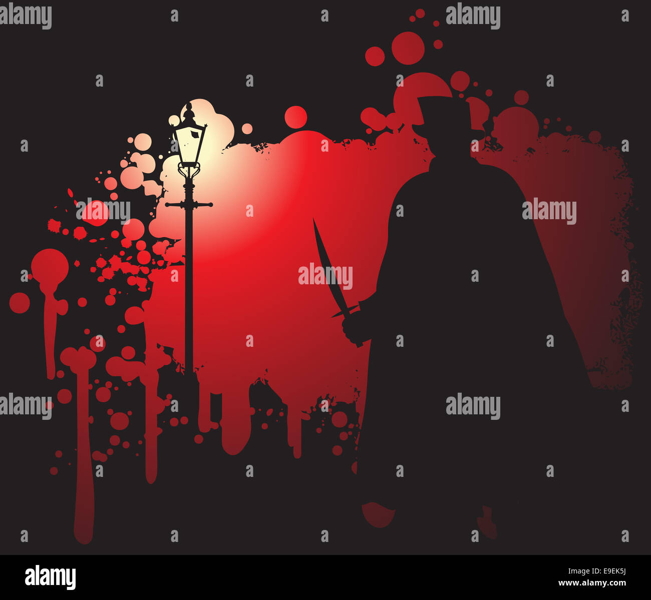 Un grunged silhouette de Jack the Ripper avec un couteau à la lumière d'une lampe de rue Banque D'Images