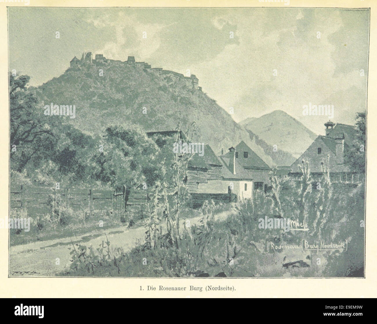 Une illustration de Rosenauer Burg (château de Rosenau) vue du côté nord, situé dans la forêt de Thuringe, en Allemagne. Le château, datant du XIIe siècle, est connu pour son importance historique et ses vues panoramiques. Banque D'Images