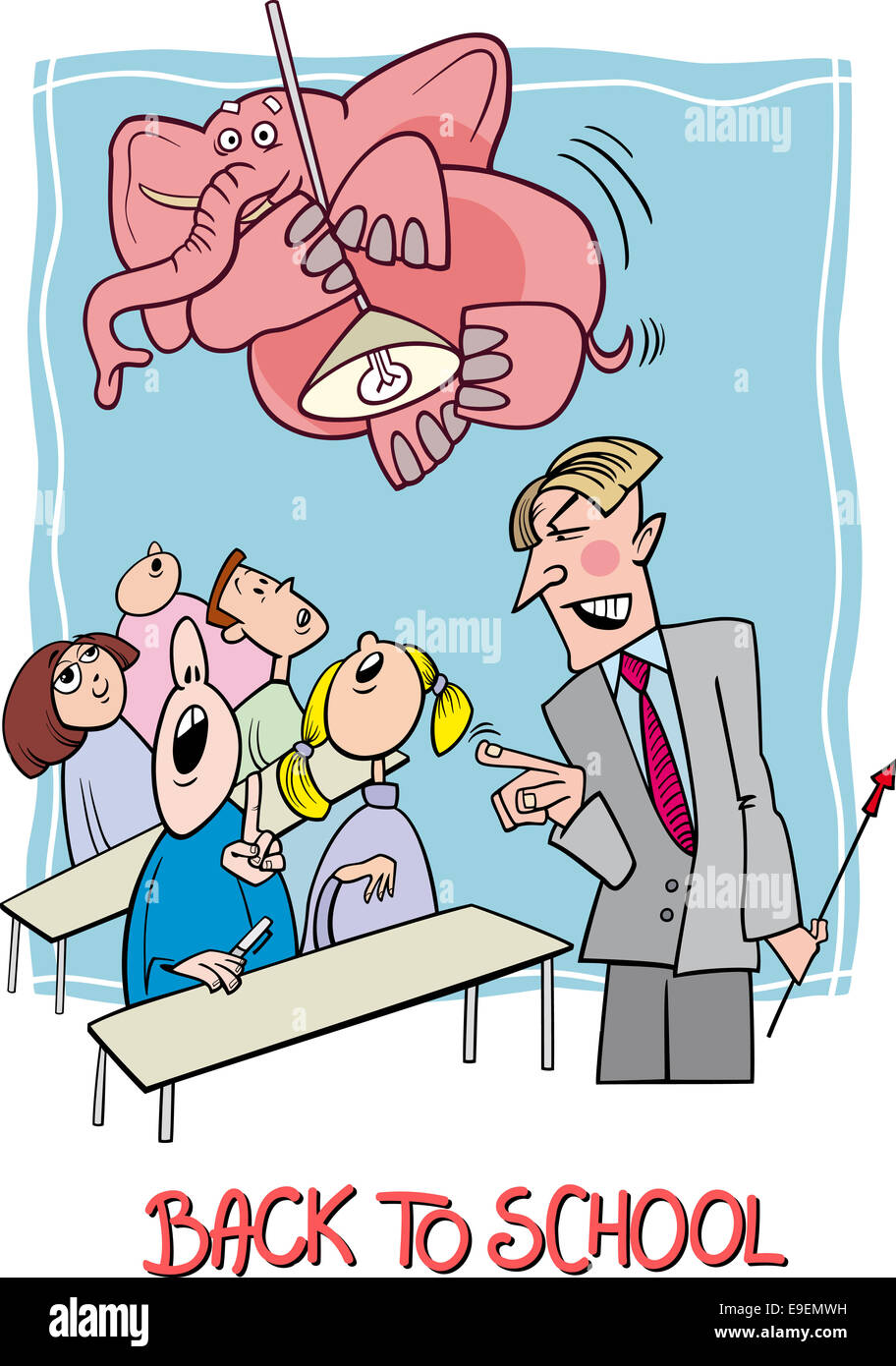 Cartoon Illustration Humoristique D Adolescents Etudiants Dans La Classe Avec L Enseignant En Colere Et D Elephants Sur La Lampe Photo Stock Alamy