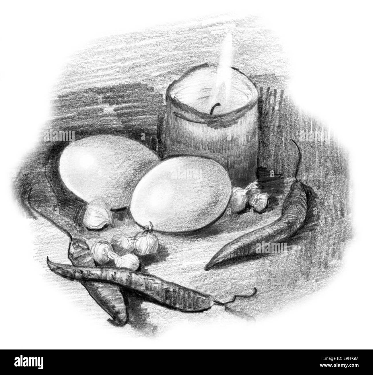 Des œufs, des poivrons, des bulbes de crocus et la lumière des bougies encore la vie. Esquisse au crayon en noir et blanc. Banque D'Images