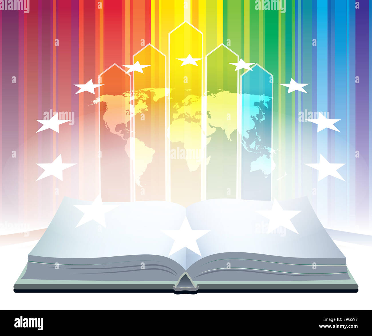 Livre ouvert et carte du monde avec des étoiles sur un fond coloré Banque D'Images