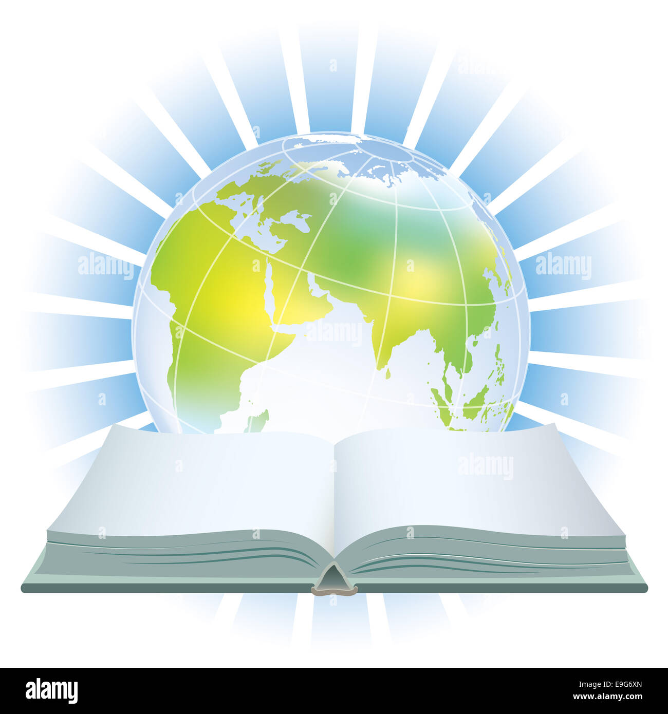 Livre ouvert et earth globe sur fond bleu Banque D'Images