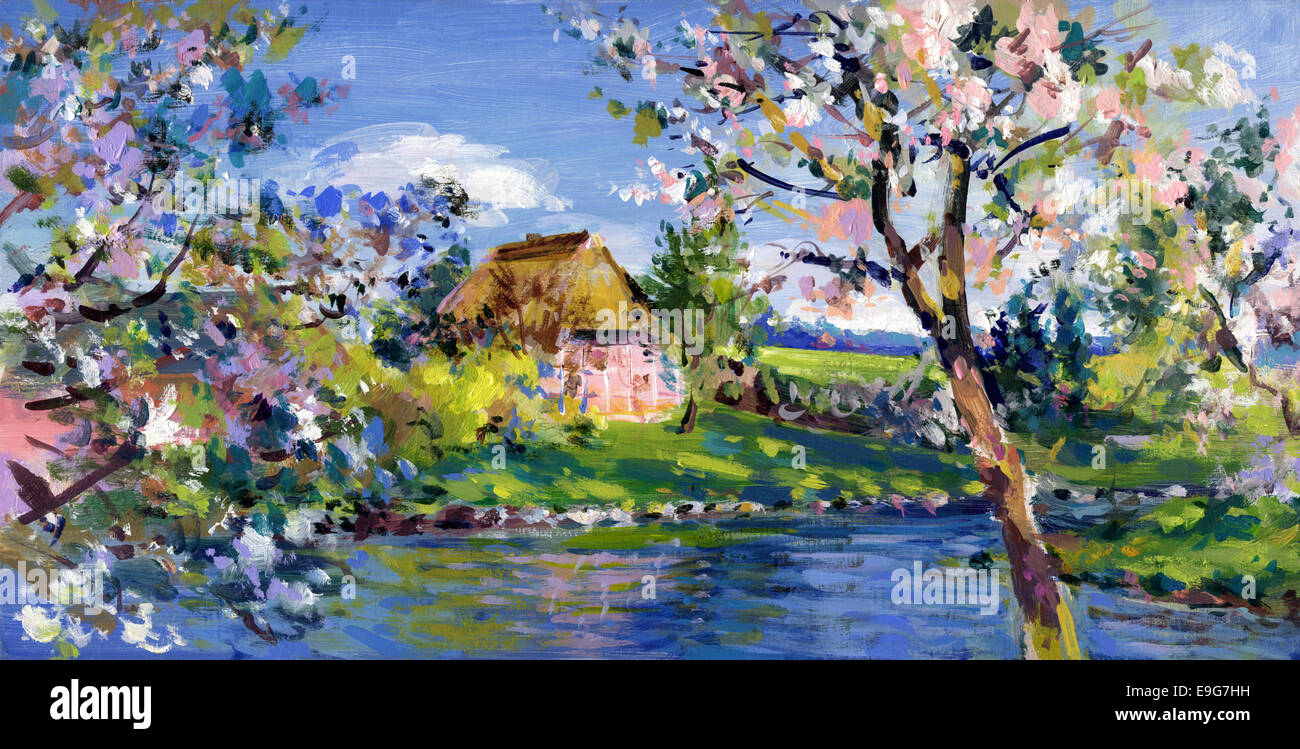 La peinture de paysage de printemps Banque D'Images