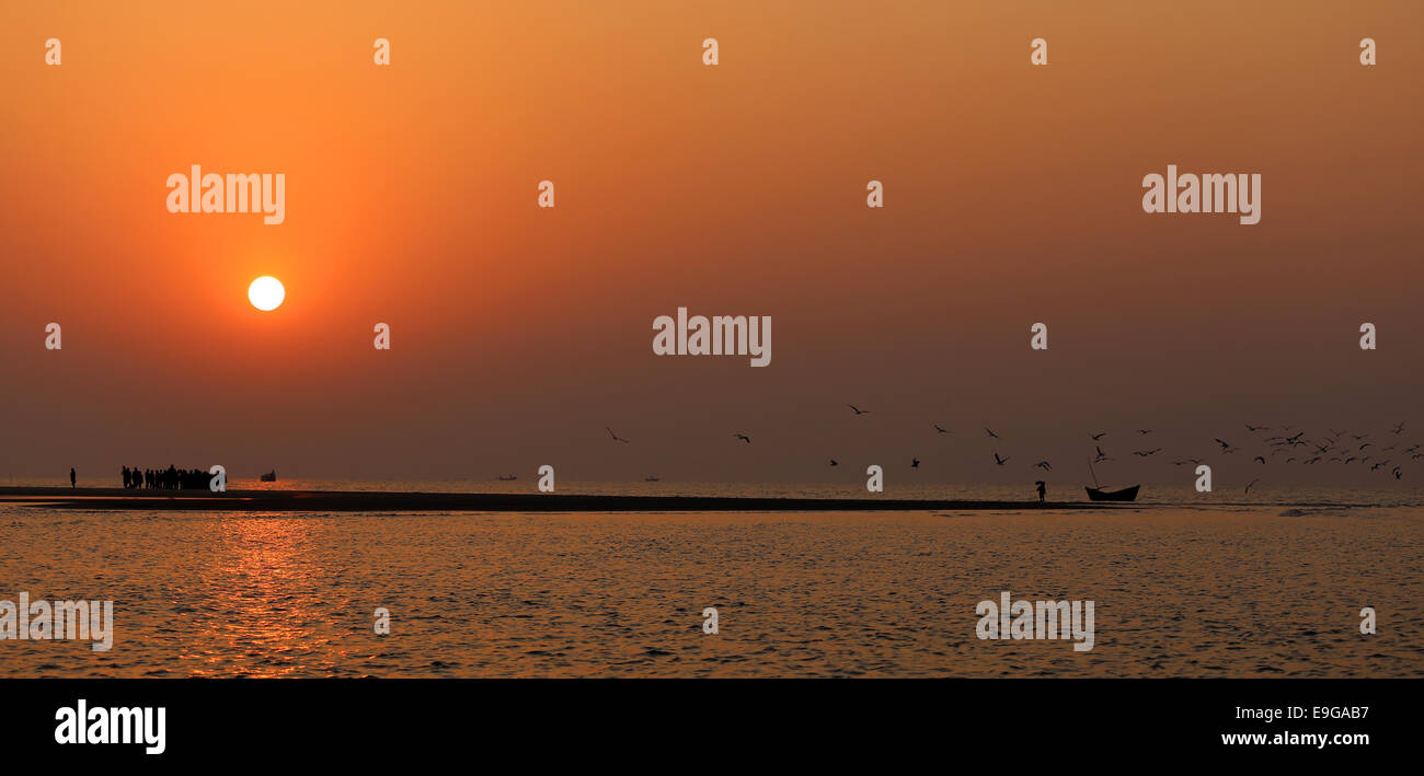 Lever du soleil sur la mer avec le vol des oiseaux à Kuakata, Bangladesh Banque D'Images