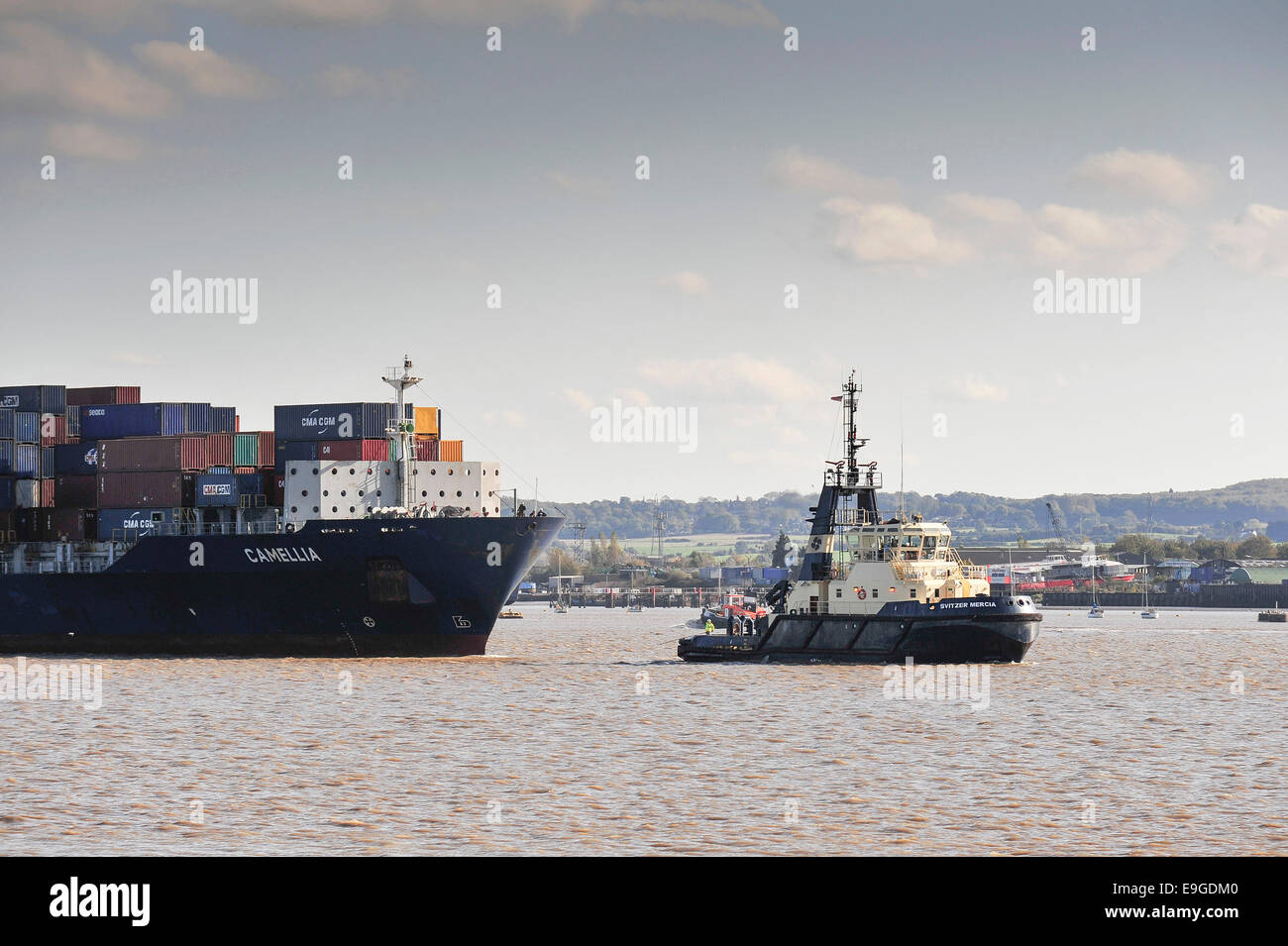 Thames, Tilbury, Essex, Royaume-Uni. 27 octobre 2014. Le remorqueur SVitzer mercie escortant le porte-conteneurs Camellia car il cuit en amont sur la Tamise. Photo : Gordon 1928/Alamy Live News Banque D'Images