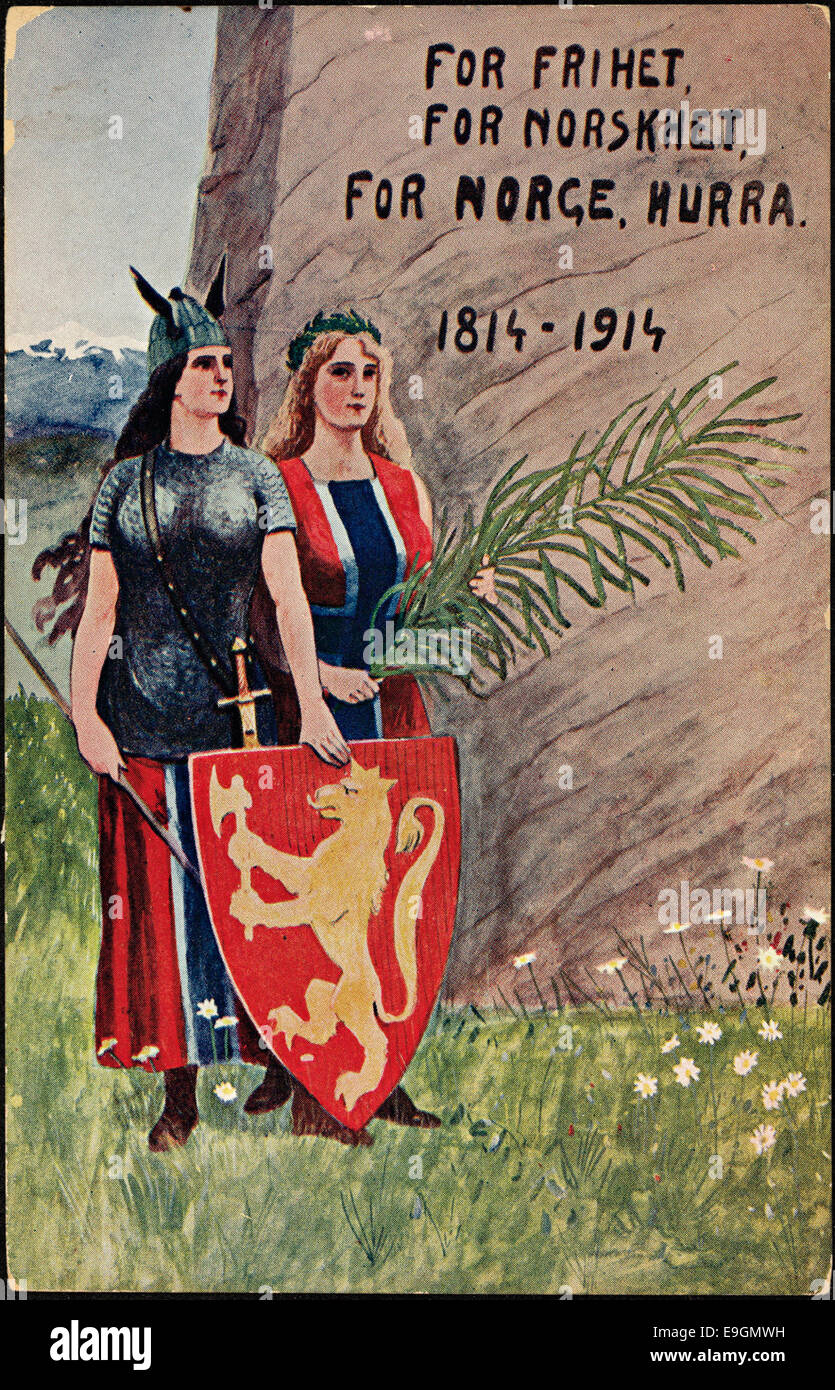 Une carte postale historique de 1914 célébrant le 100e anniversaire de la Constitution norvégienne, avec la devise « pour la liberté, pour la Norvégianess, pour la Norvège ». Il souligne la fierté de la nation et les jalons historiques. Banque D'Images