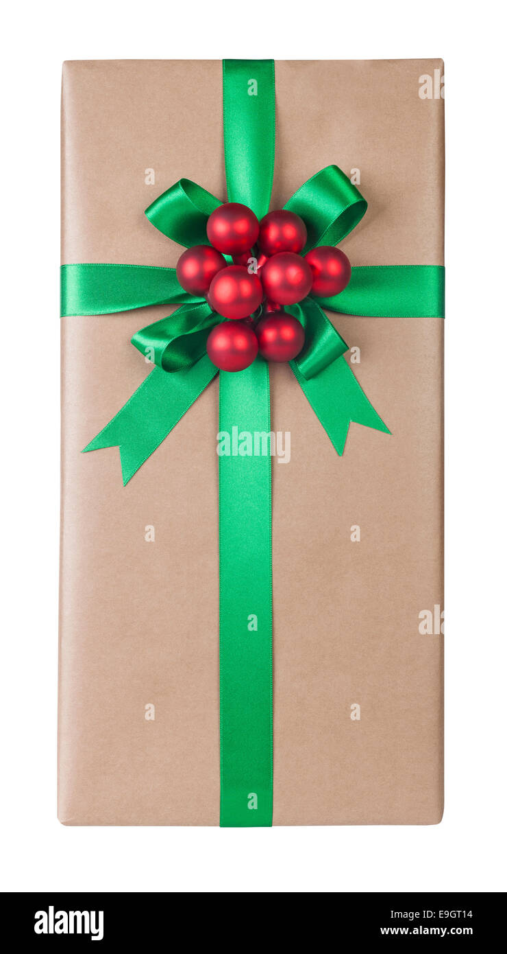 Cadeau de Noël avec un beau vert arc et décor sur fond blanc Banque D'Images