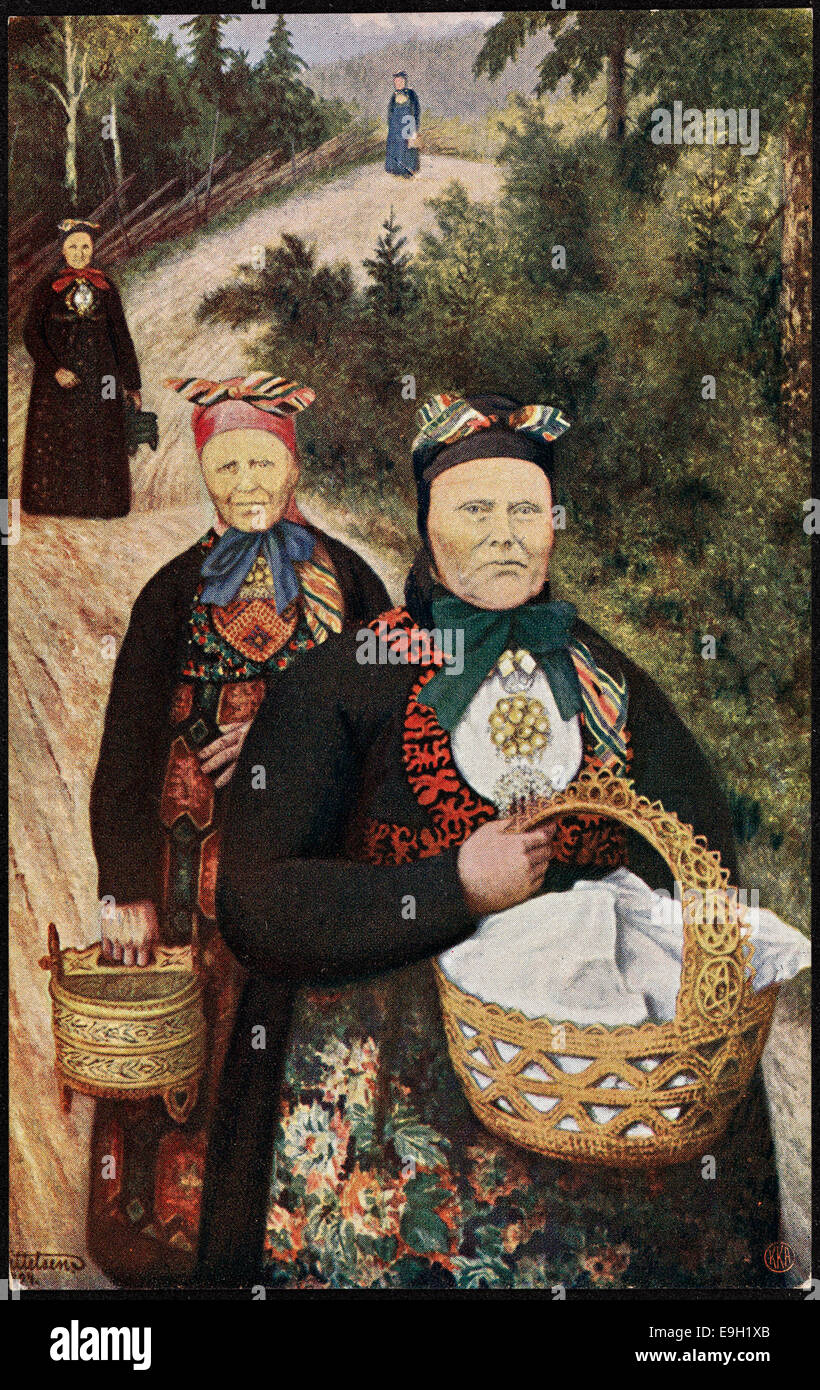 Cette carte postale présente une illustration de Theodor Kittelsen, représentant le bunader norvégien traditionnel (costumes nationaux) dans le contexte d'une scène de conte de fées. L'image a été créée pour une série de cartes postales par Mittet & Co. Banque D'Images