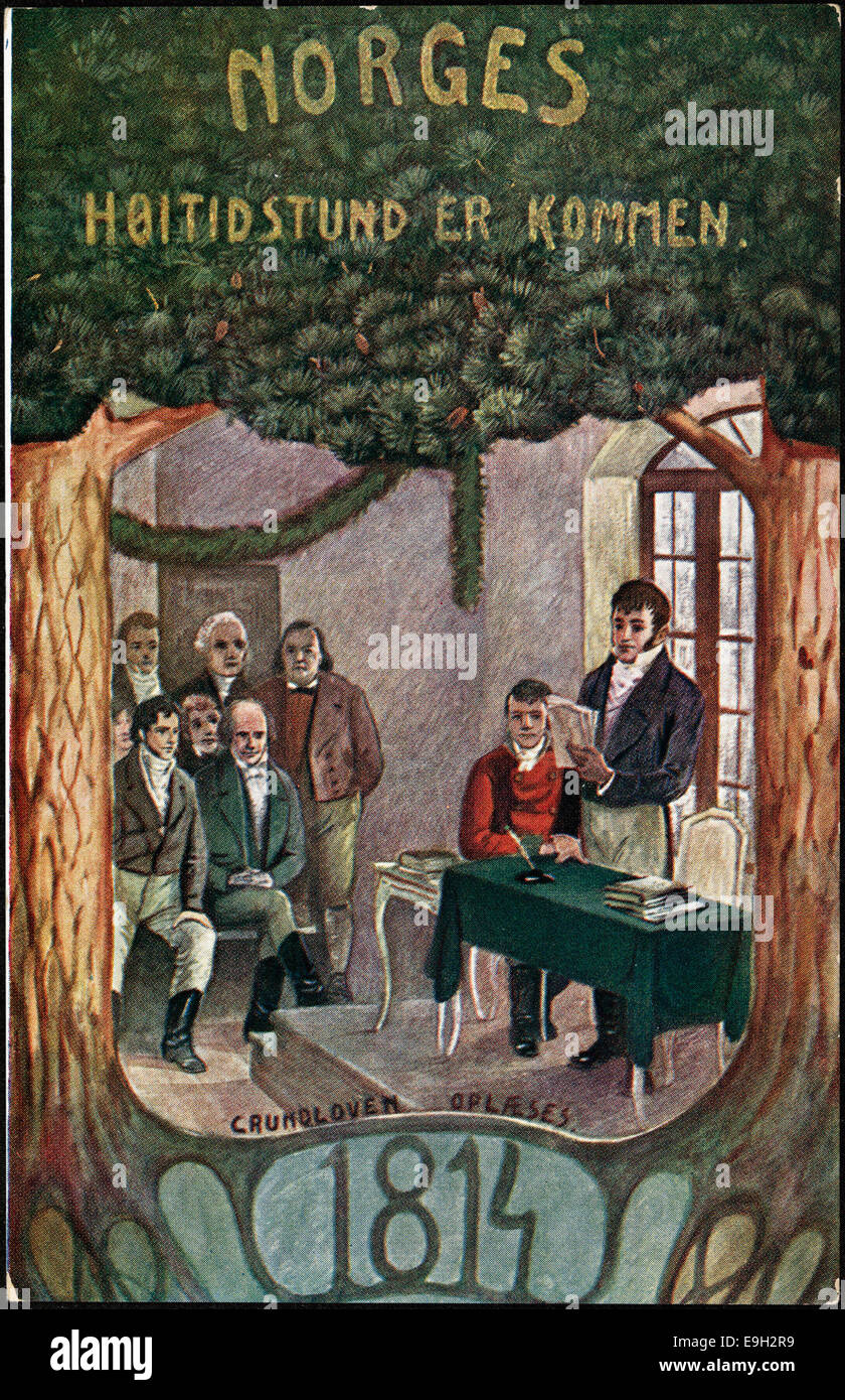 Une carte postale historique marquant le 100e anniversaire de la Constitution norvégienne en 1914. Il commémore la constitution de 1814 et le rôle des hommes d'Eidsvoll dans la formation de l'identité nationale de la Norvège. Banque D'Images