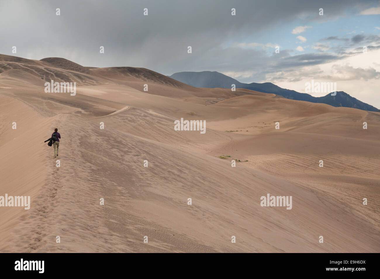 Femme randonneur randonnée sur une dune de sable au Great Sand Dunes National Park, Colorado, États-Unis Banque D'Images