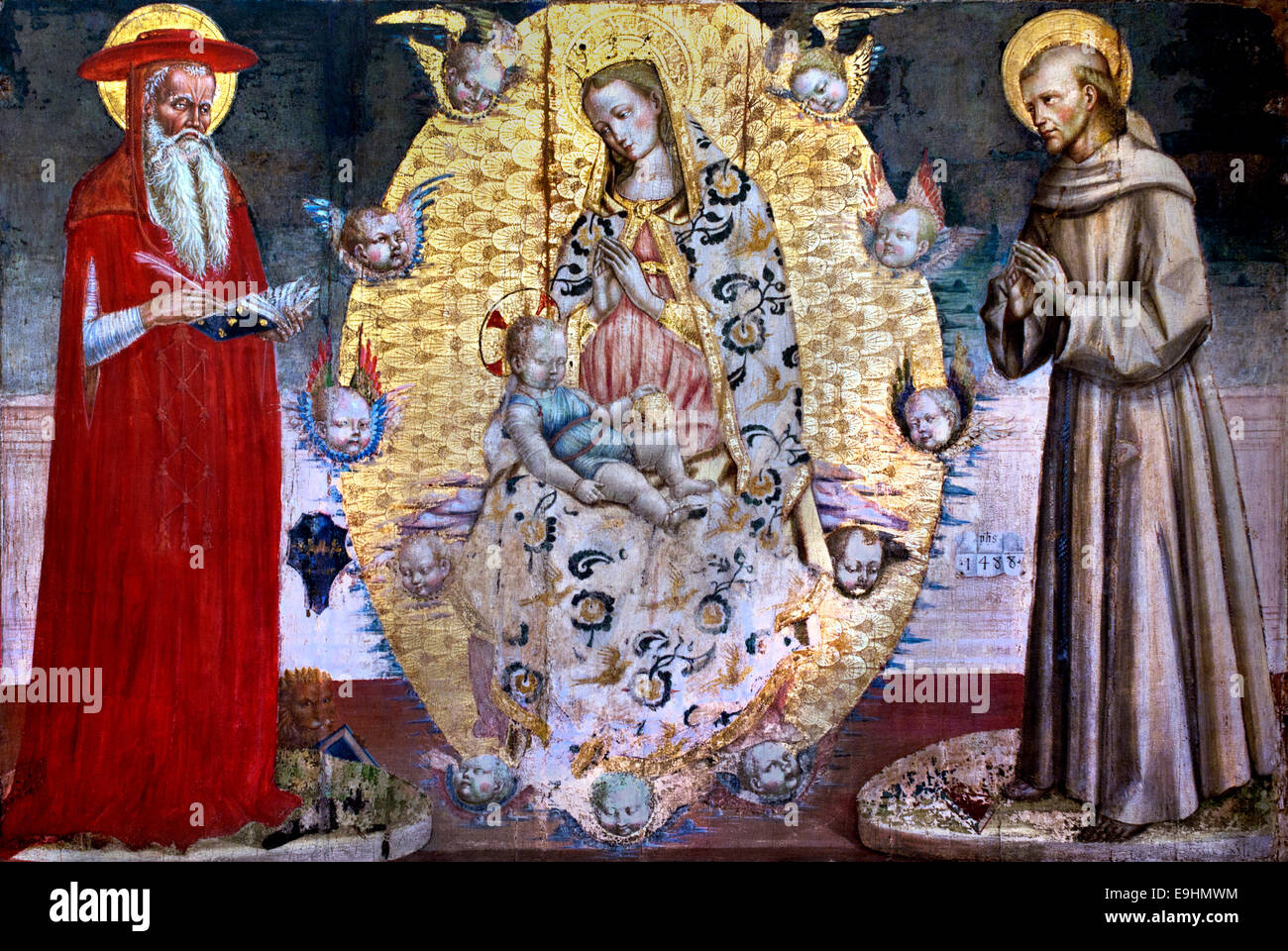 Vierge en gloire avec saint Jérôme et saint François de Luca di Paolo. Connus pour 1470-1493 dans les Marches Italie Italien Banque D'Images