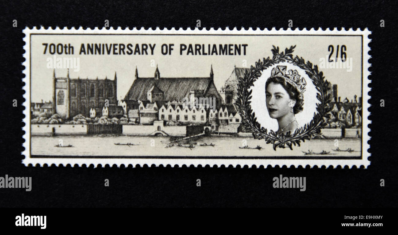 Timbre-poste. La Grande-Bretagne. La reine Elizabeth II. 700e anniversaire de Simon de Montfort est le Parlement. 1965. Banque D'Images