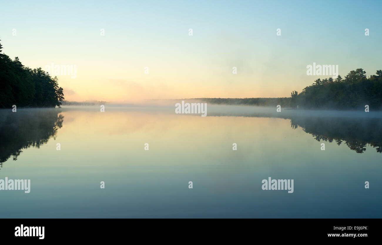 Un calme tôt le matin avec de la brume au-dessus de l'eau ondulante doucement et la forêt de chaque côté à l'Étang Toddy, Maine. Banque D'Images