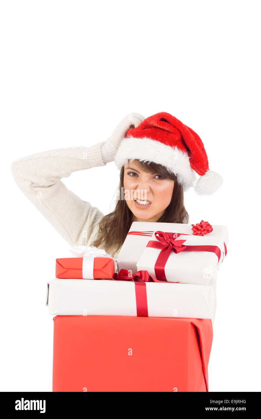 Belle tête et rayures femme santa holding gifts Banque D'Images